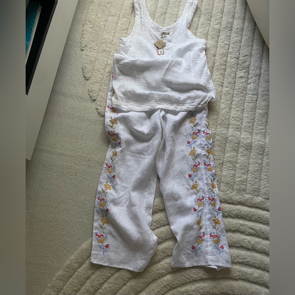 Calypso St.Barth Eyelet Flower Embroidery White Linen Pant PullOn Straight M NWT - Picture 4 of 9